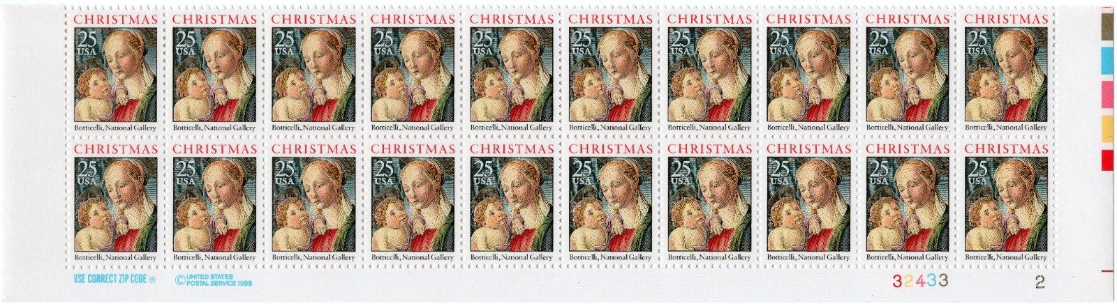 Scott #2399 Christmas Madonna (Botticelli) Plate Block of 20 Stamps - MNH
