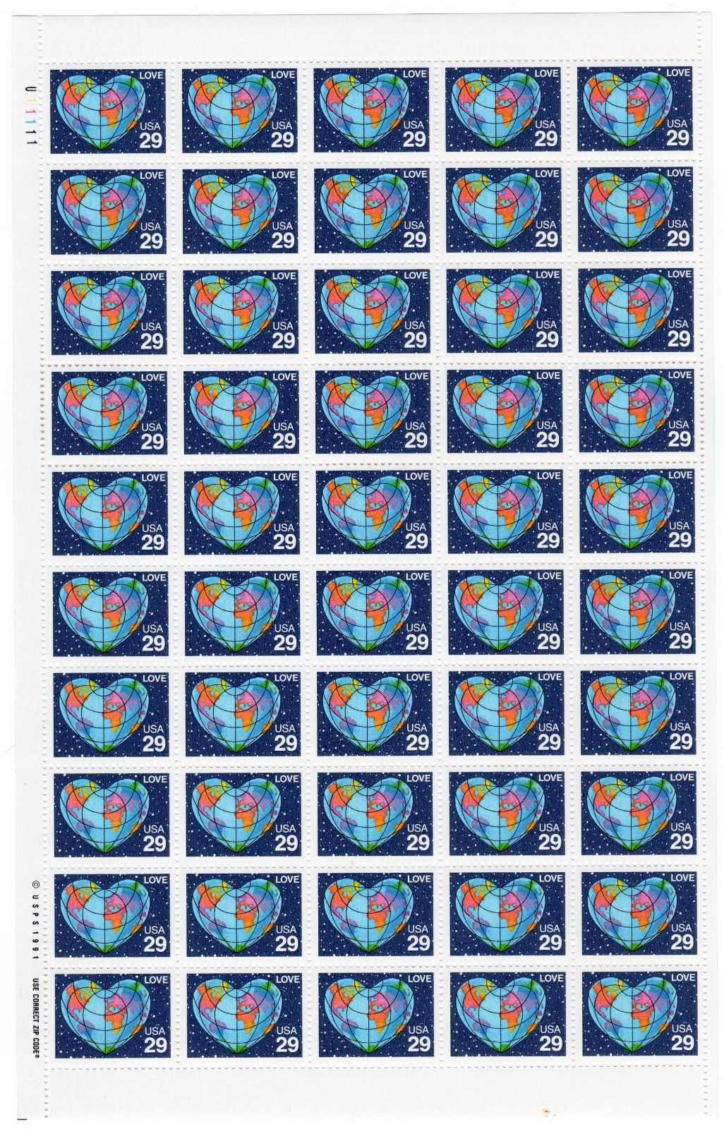Scott #2535 Heart Globe Map Full Sheet of 50 Stamps - MNH P#U11111 UL