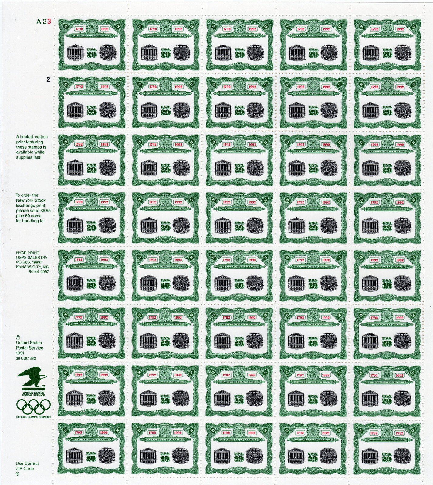 Scott #2630 New York Stock Exchange Sheet of 40 Stamps - MNH P#A23-2 UL