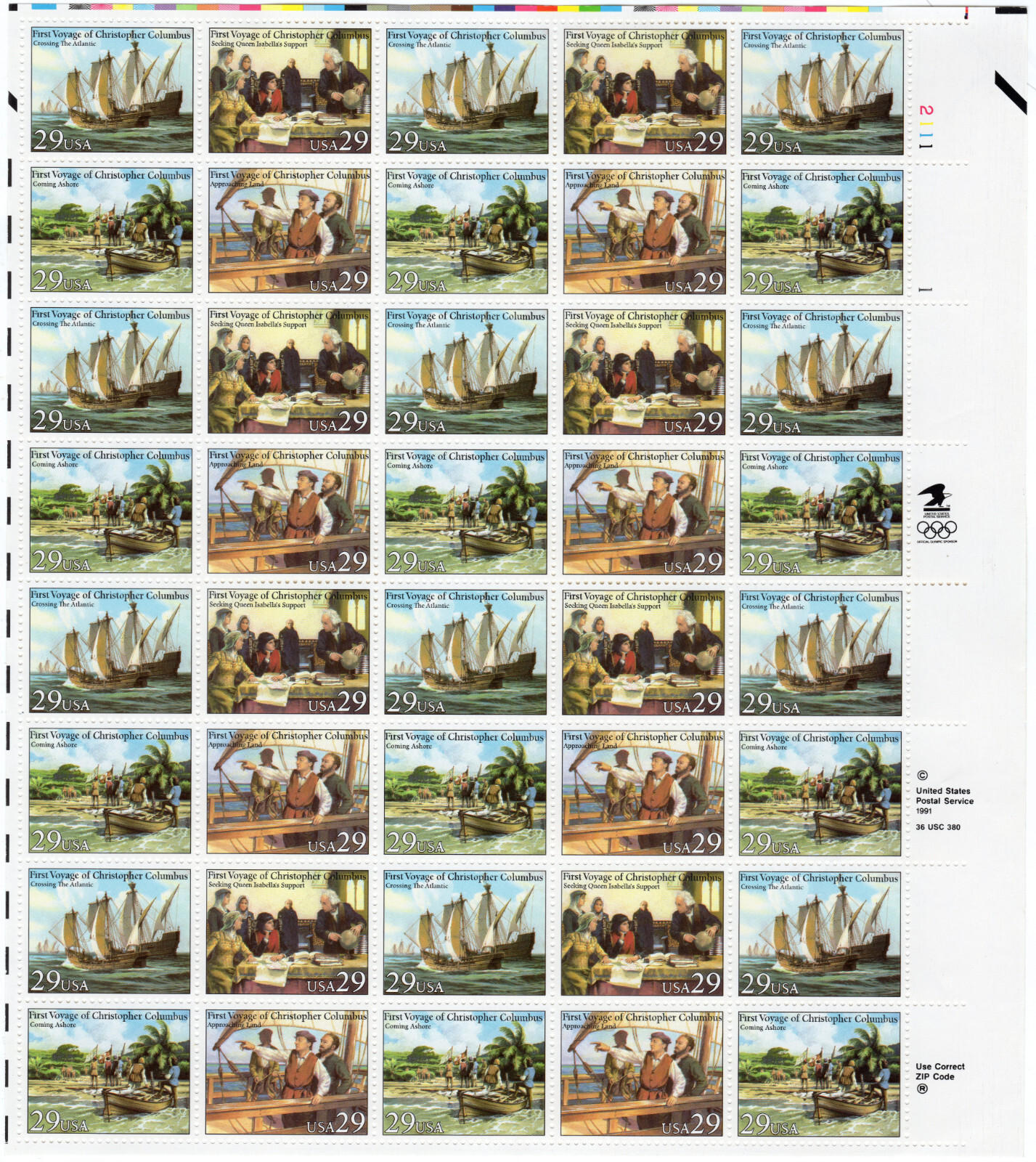 Scott #2623a (2620-23) 29¢ 500th Columbus Voyages Full Sheet of 40 Stamps - MNH