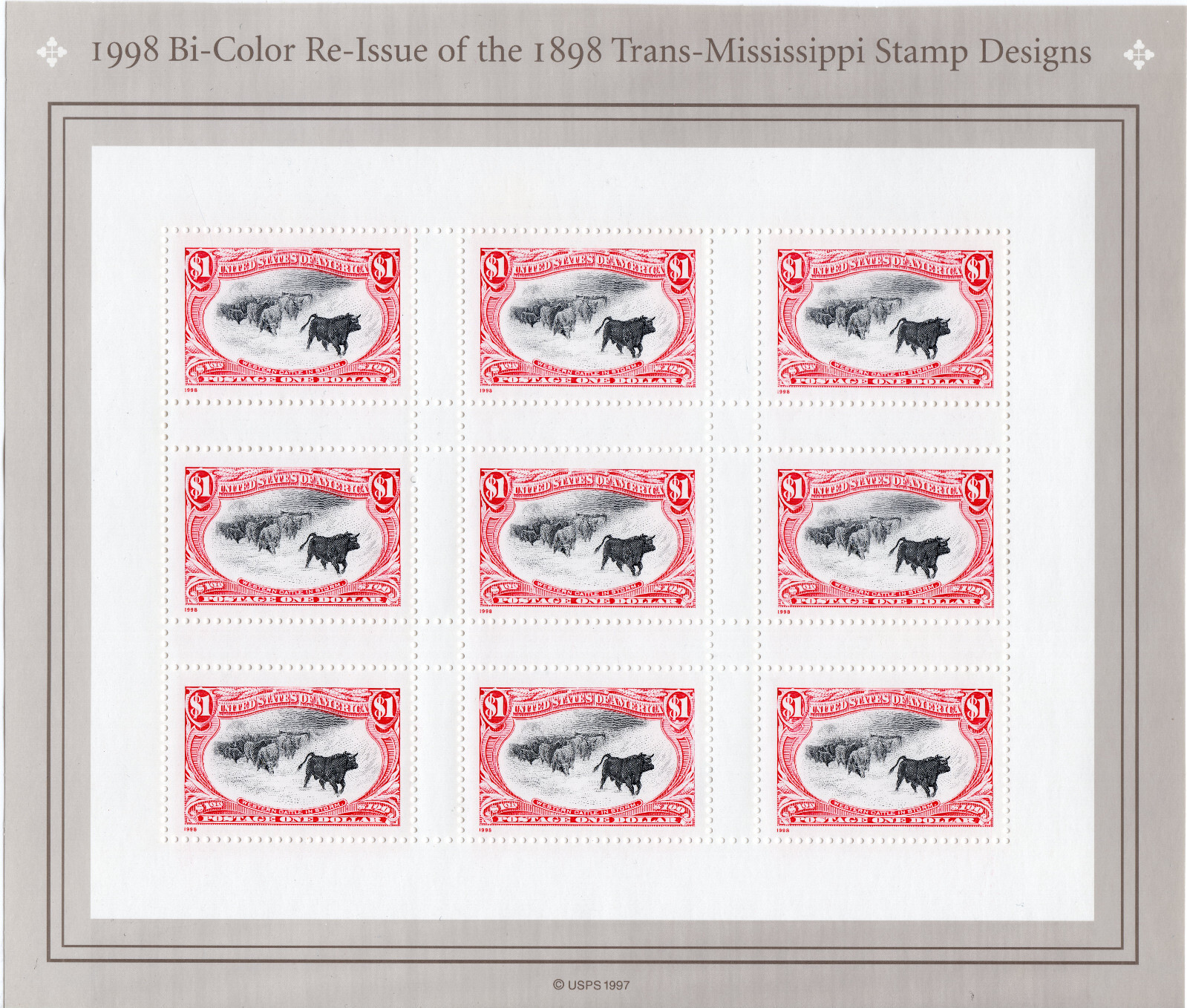 Scott #3210 Trans-Mississippi (Cattle in Storm) $1 Sheet of 9 Stamps - MNH