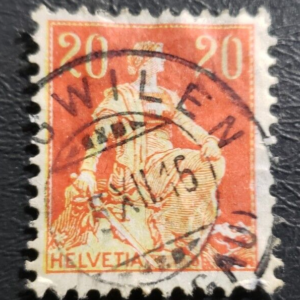 Stamp Europe Switzerland 1908 "Helvetia" 20c red & yellow #132