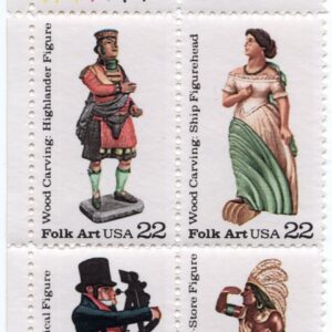 Scott #2243a (2240-43) Wood Carved Figurines Plate Block of 4 Stamps - MNH