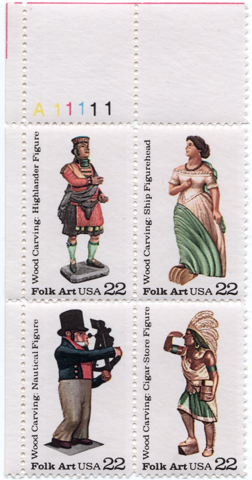 Scott #2243a (2240-43) Wood Carved Figurines Plate Block of 4 Stamps - MNH