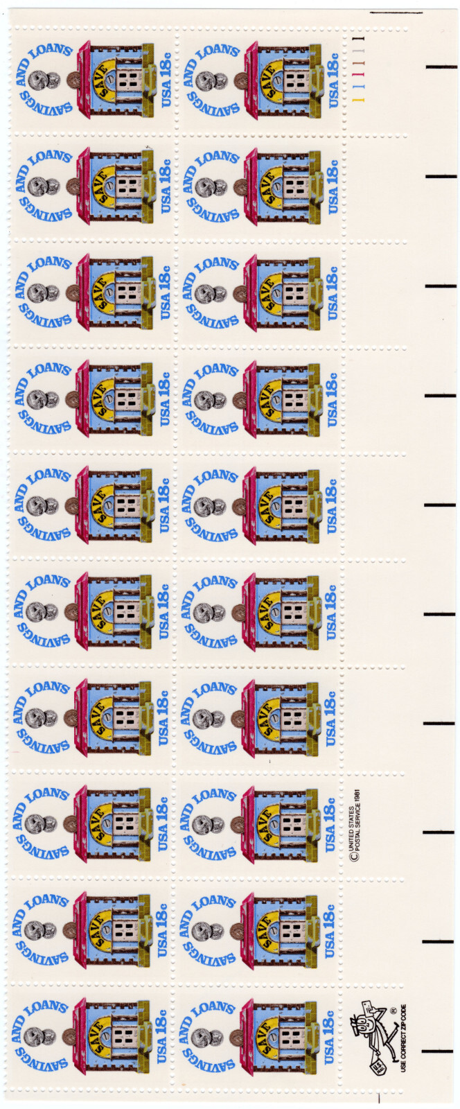 Scott #1911 Savings & Loan Plate Block of 20 Stamps - MNH