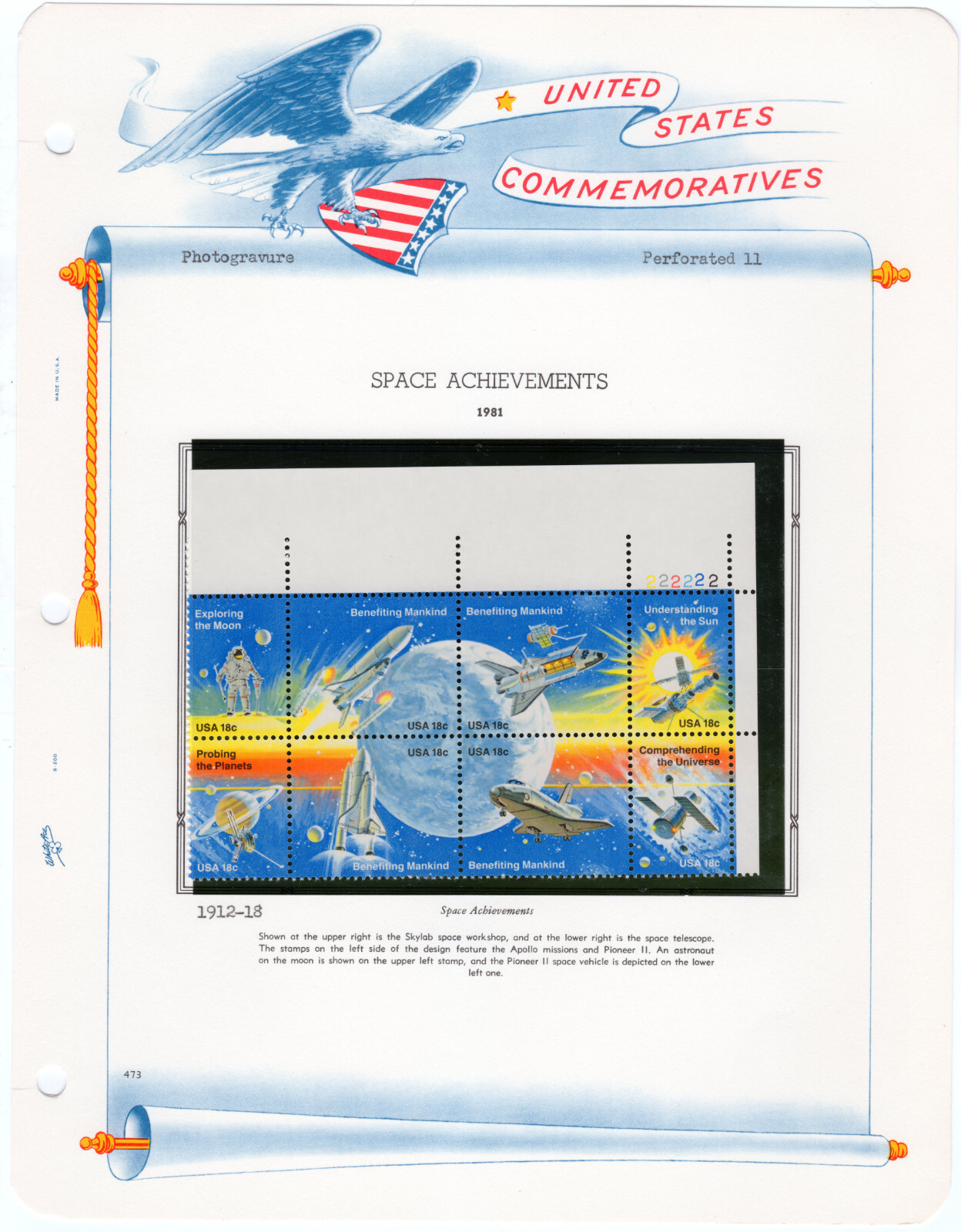 Scott #1919a Space Achievement Plate Block - White Ace Booklet Pane Mount - MNH