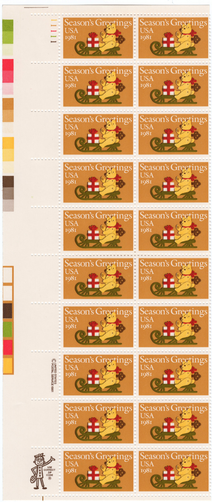 Scott #1940 Teddy Bear on Sleigh Plate Block of 20 Stamps - MNH
