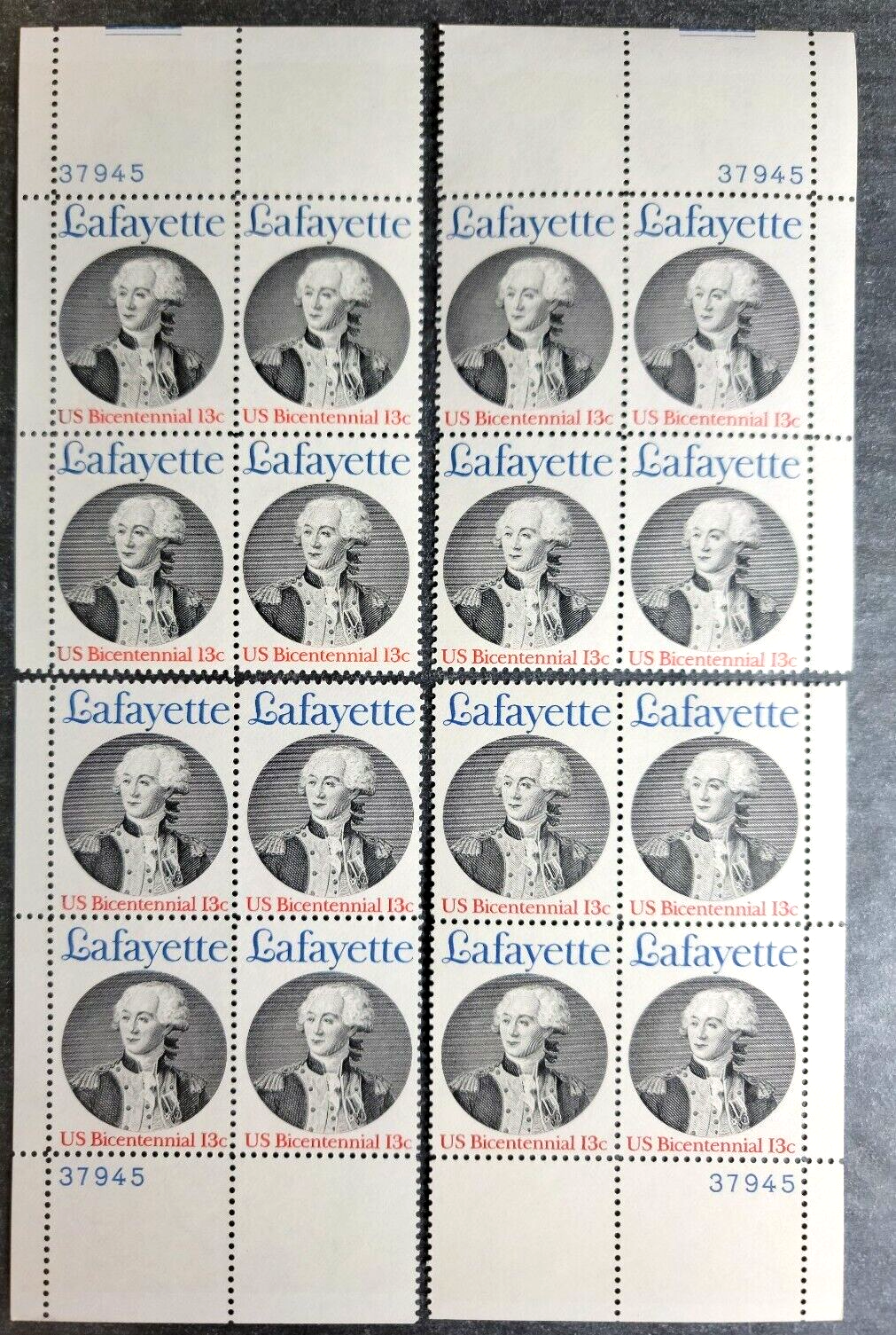 Scott #1716 Lafayette Matched Set Plate Blocks of 4 Stamps - MNH P#37945
