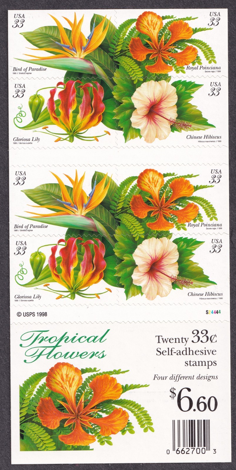 Scott #3313b Tropical Flowers Booklet of 20 Stamps - MNH P#S24444