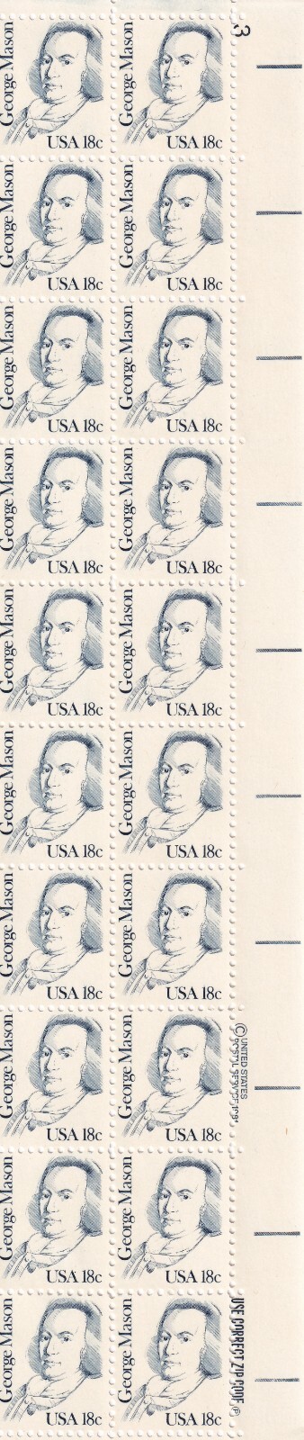 Scott #1858 George Mason Plate Block of 20 Stamps - MNH P#3