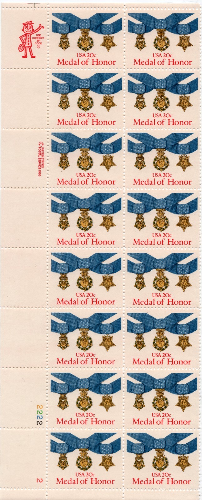 Scott #2045 Medal of Honor Plate Block of 16 Stamps - MNH LL P#2222-2