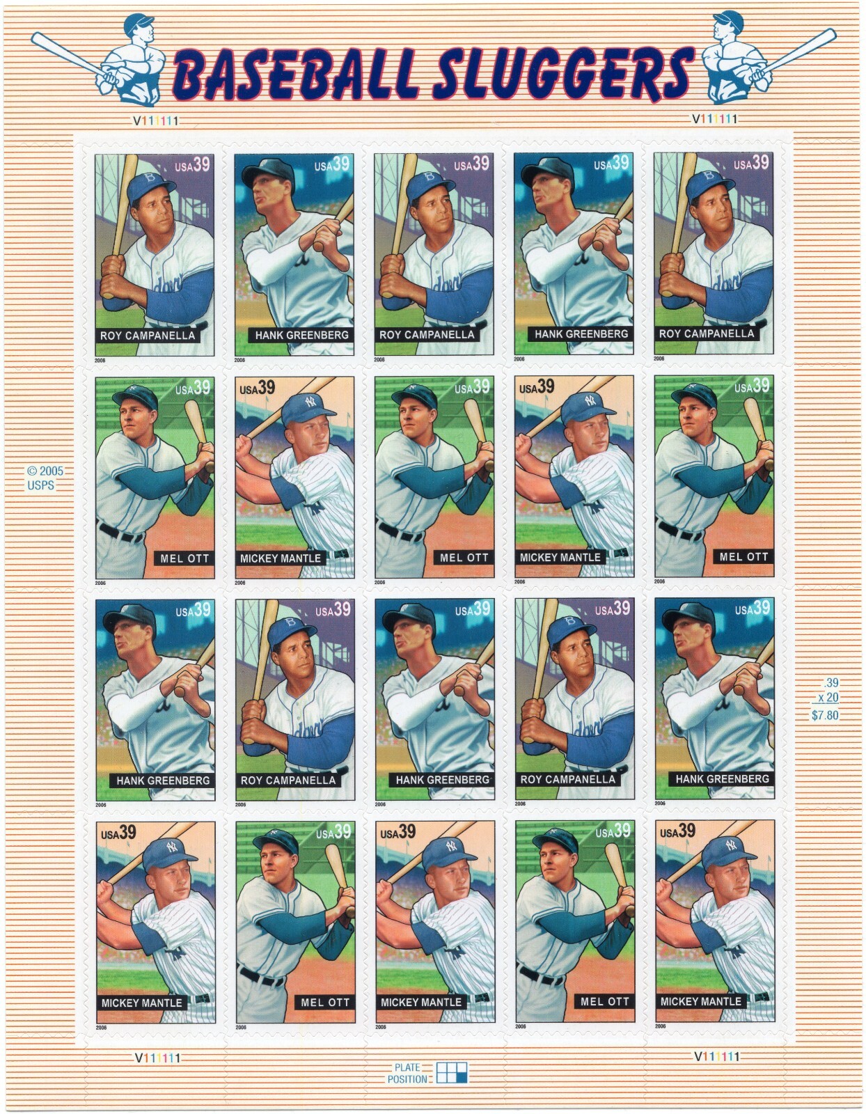Scott #4083a (4080-83) Baseball Sluggers Mickey Mantle Sheet of 20 Stamps - MNH