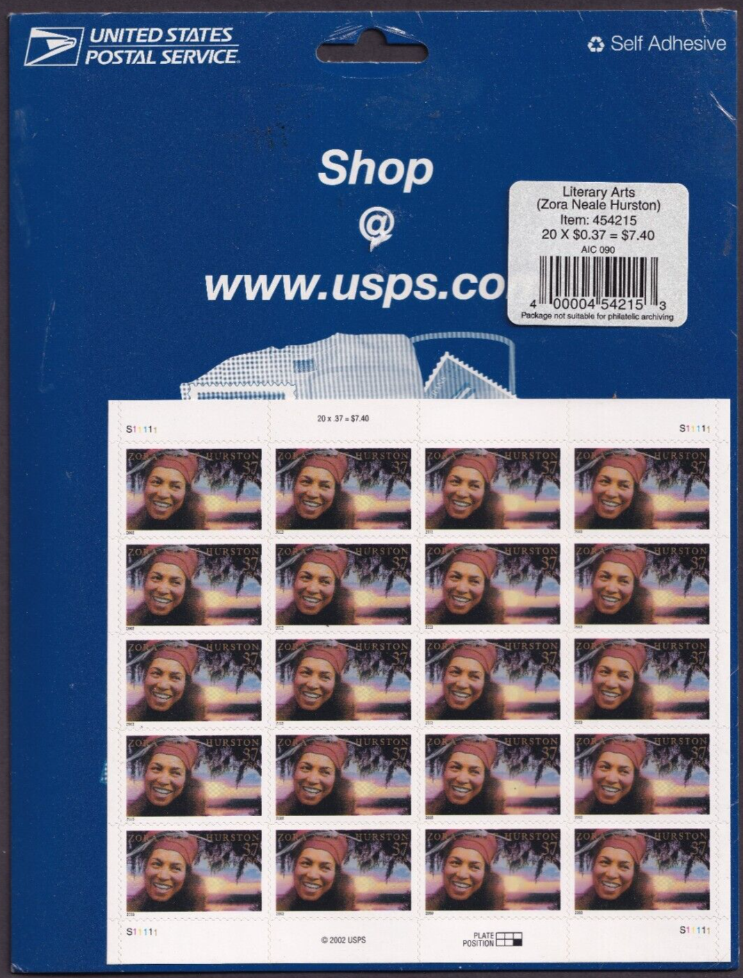 Scott #3748 Zora Neale Hurston (Literary Arts) Sheet of 20 Stamps - Sealed Blue