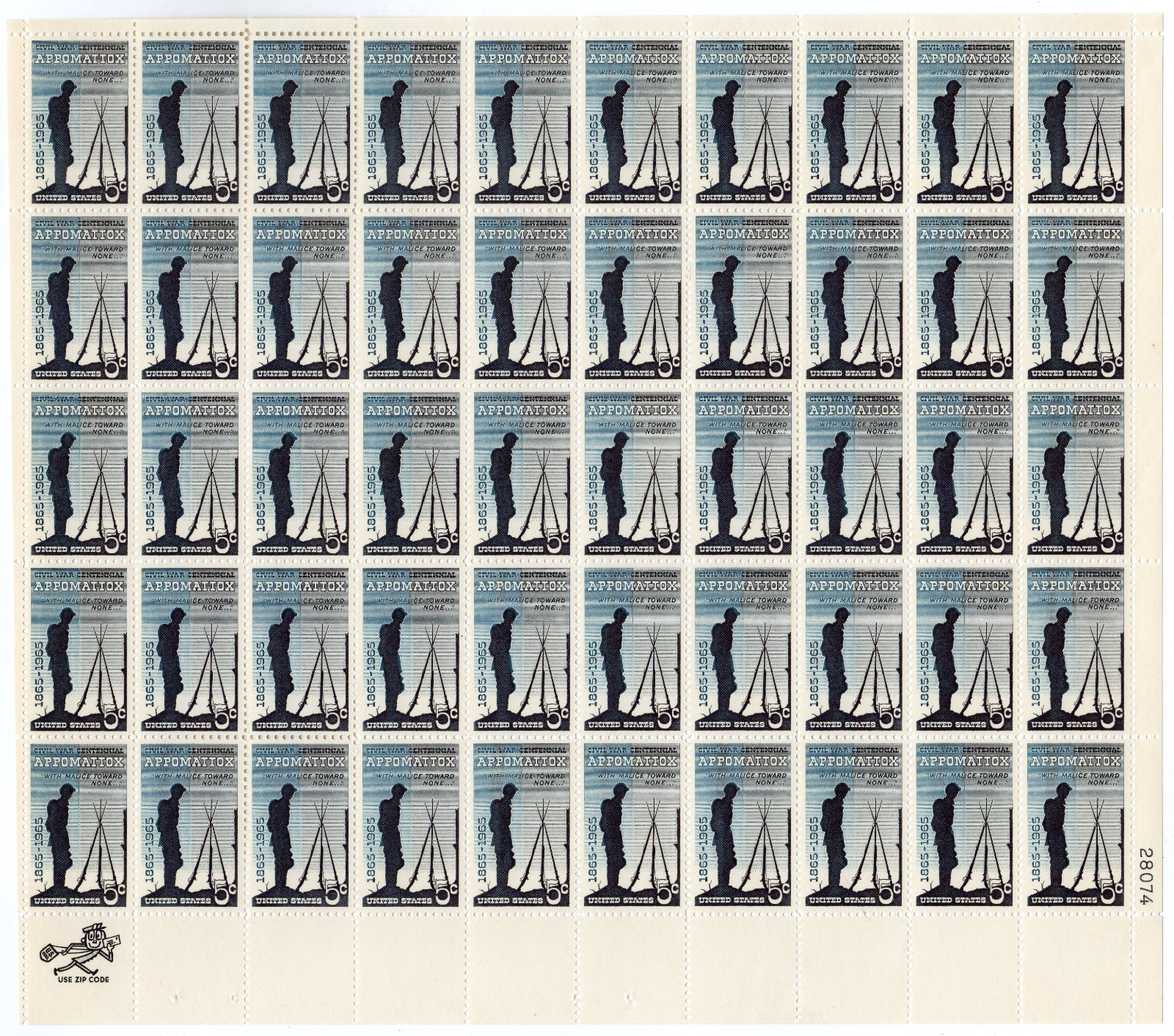 Scott #1182 Appomattox (Civil War) Full Sheet of 50 Stamps - MNH P#28074 LR XF
