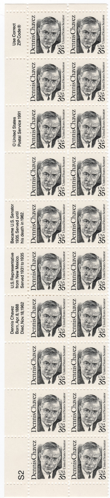 Scott #2186 Dennis Chavez Plate Block Of 20 Stamps - MNH #S2 LL