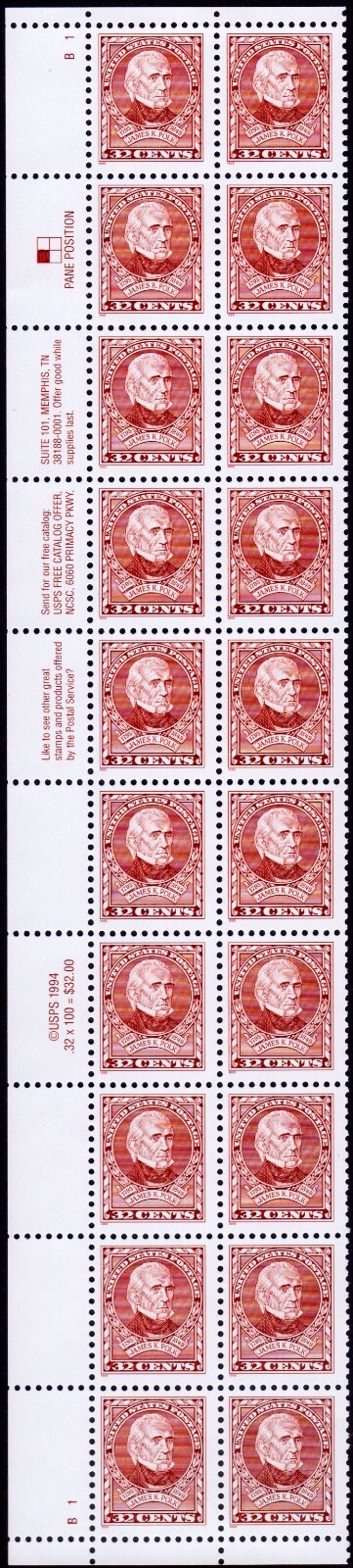 Scott #2587 James K. Polk Plate Block Of 20 Stamps - MNH Left UL