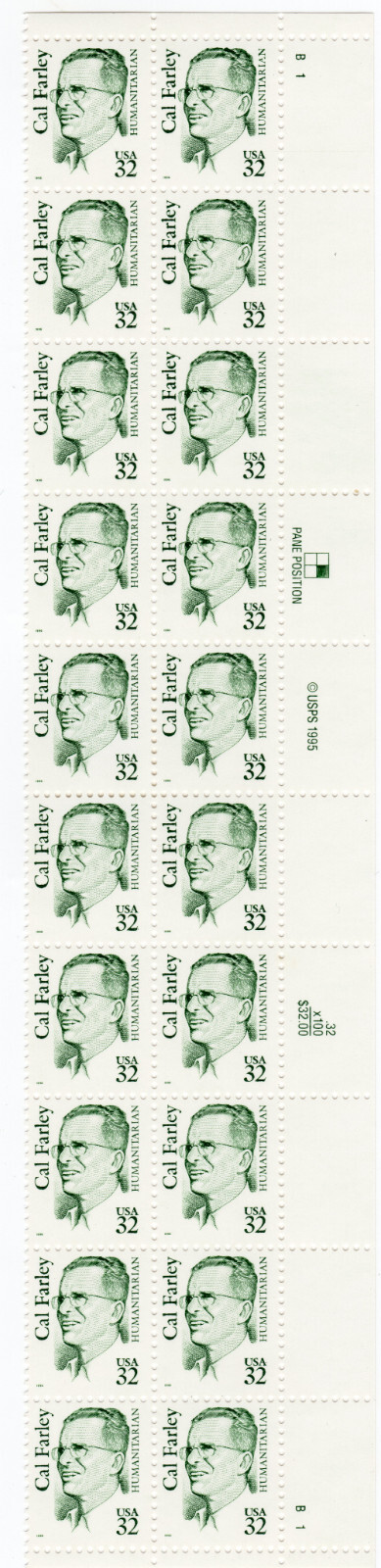 Scott #2934 Cal Farley Plate Block Of 20 Stamps - MNH P#B1 LR