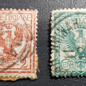 Stamp Europe Italy 1901 Coat of Arms A43 #77 2c org brn & A44 #78 5c bluegreen