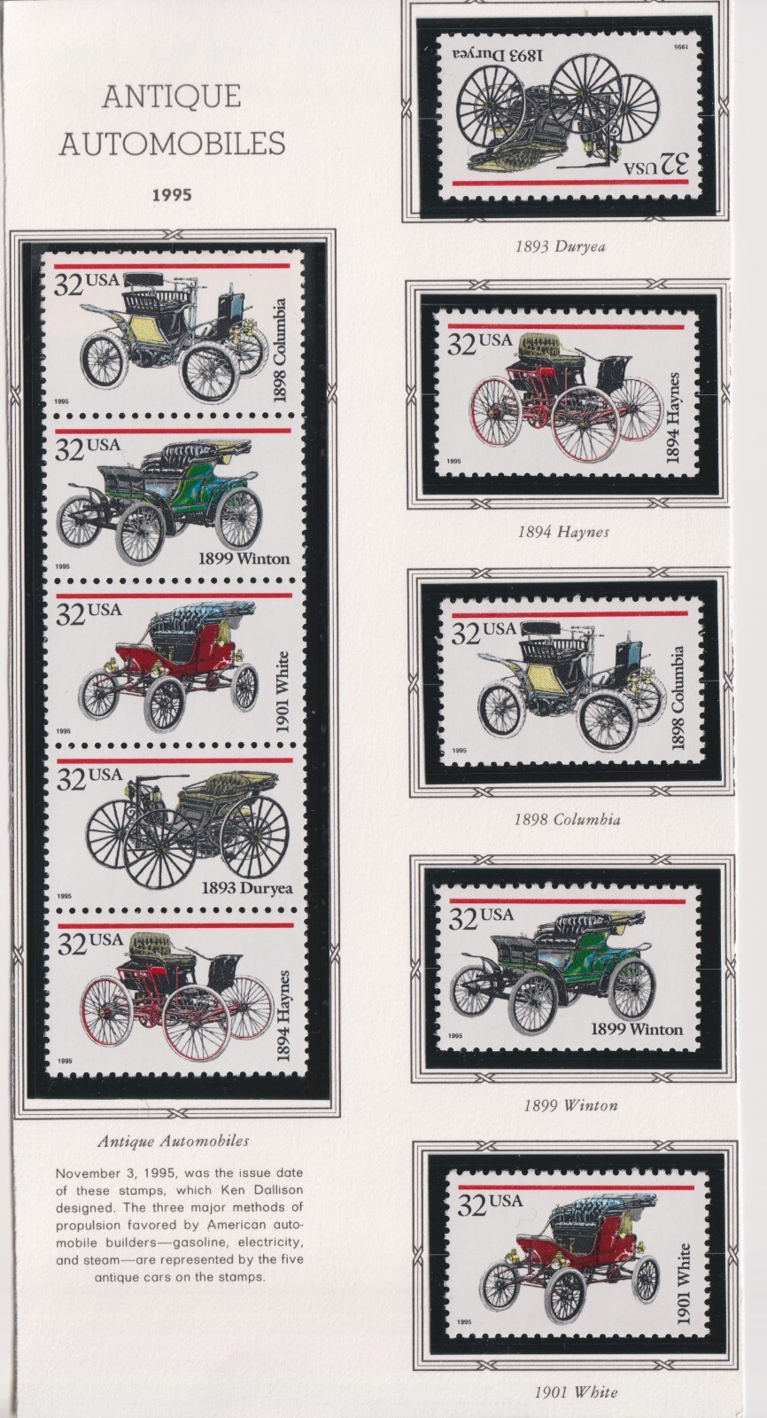 Scott #3019-3023 Antique Automobiles Pane of 5 Stamps & 5 Single Stamps - MNH