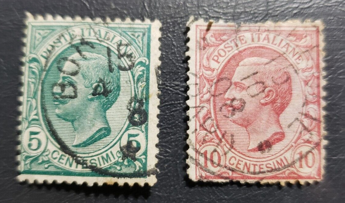 Stamp Europe Italy 1863 King Victor Emmanuel III A8 #26 5c slate grn & #27a 10c