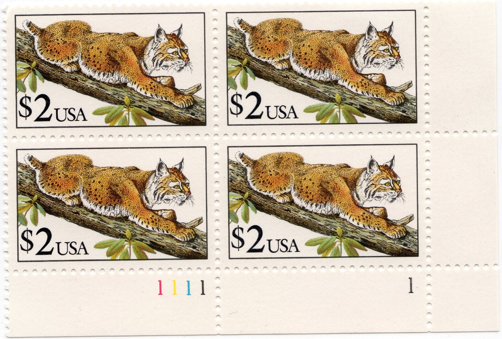 Scott #2482 $2 Bobcat Plate Block of 4 Stamps - MNH