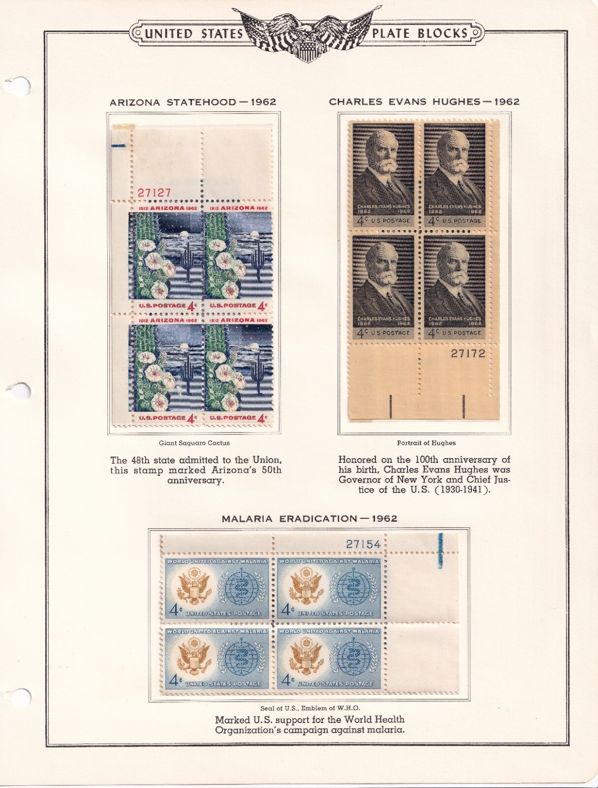 Scott #1192 & 1194 & 1195 Arizona-Malaria-Hughes Plate Block of 4 Stamps - MNH