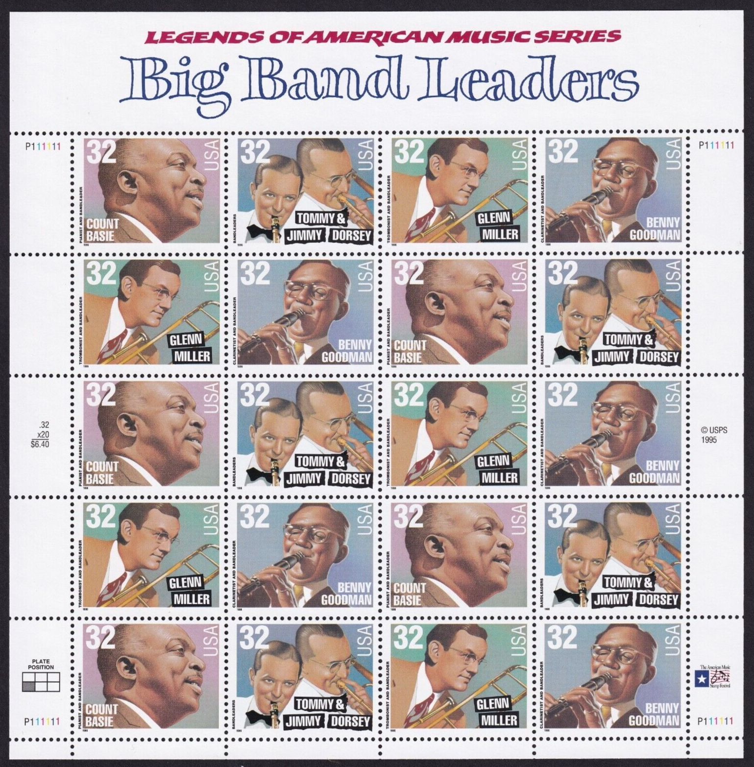 Scott #3099a (3096-99) Big Band Leaders Full Sheet of 20 Stamps - MNH P#P111111