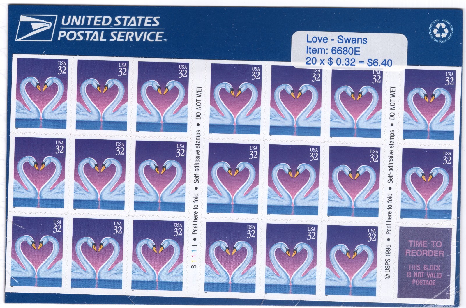 Scott #3123a 32¢ Love Swans (Heart) Booklet of 20 Stamps - Sealed P#B1111