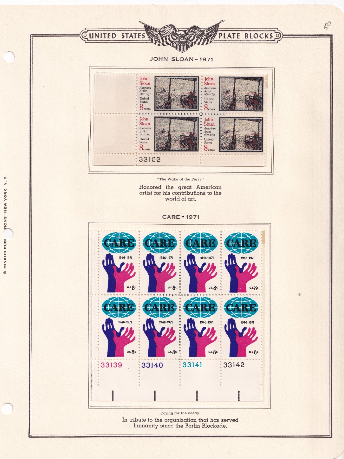 Scott #1433 & 1439b John Sloan CARE Plate Blocks of 4 & 8 Stamps - MNH