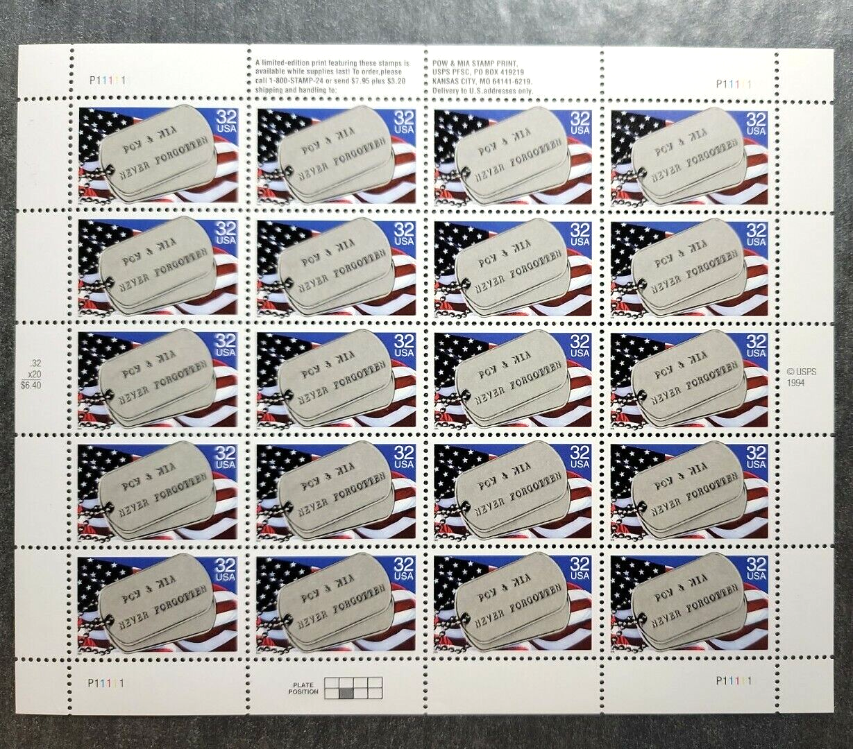 Scott #2966 POW MIA (Veterans) Full Sheet of 20 Stamps - MNH