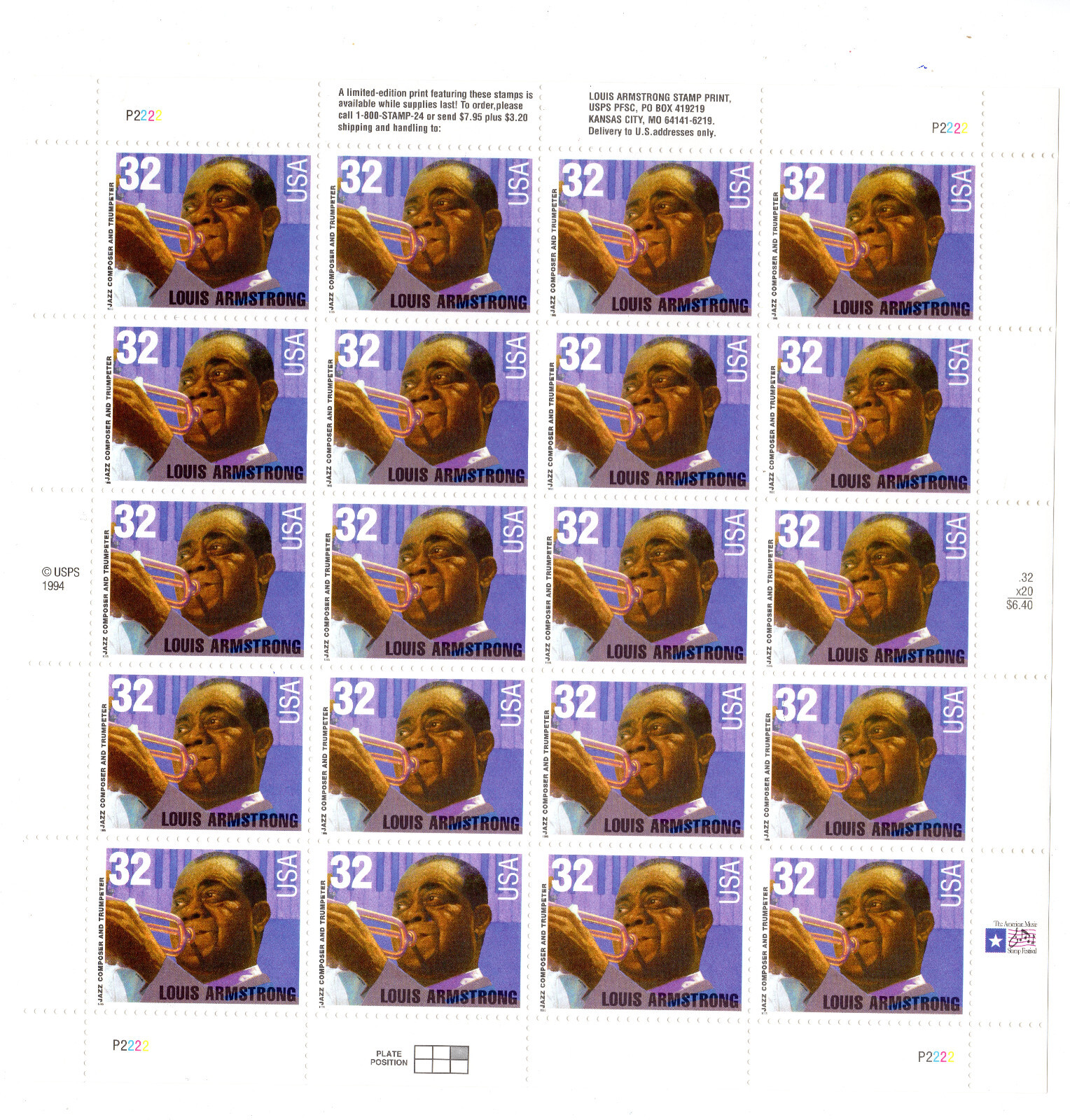 Scott #2982 Louis Armstrong 32¢ Sheet of 20 Stamps - MNH P#P2222