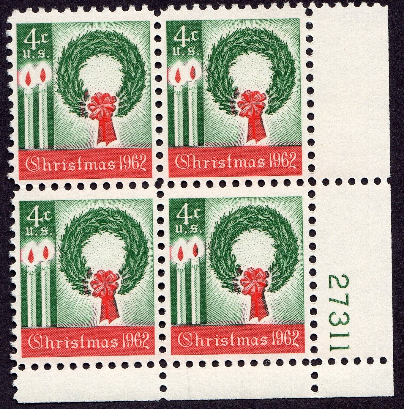 Scott #1205 Christmas Wreath Plate Block of 4 Stamps - MNH P#27311
