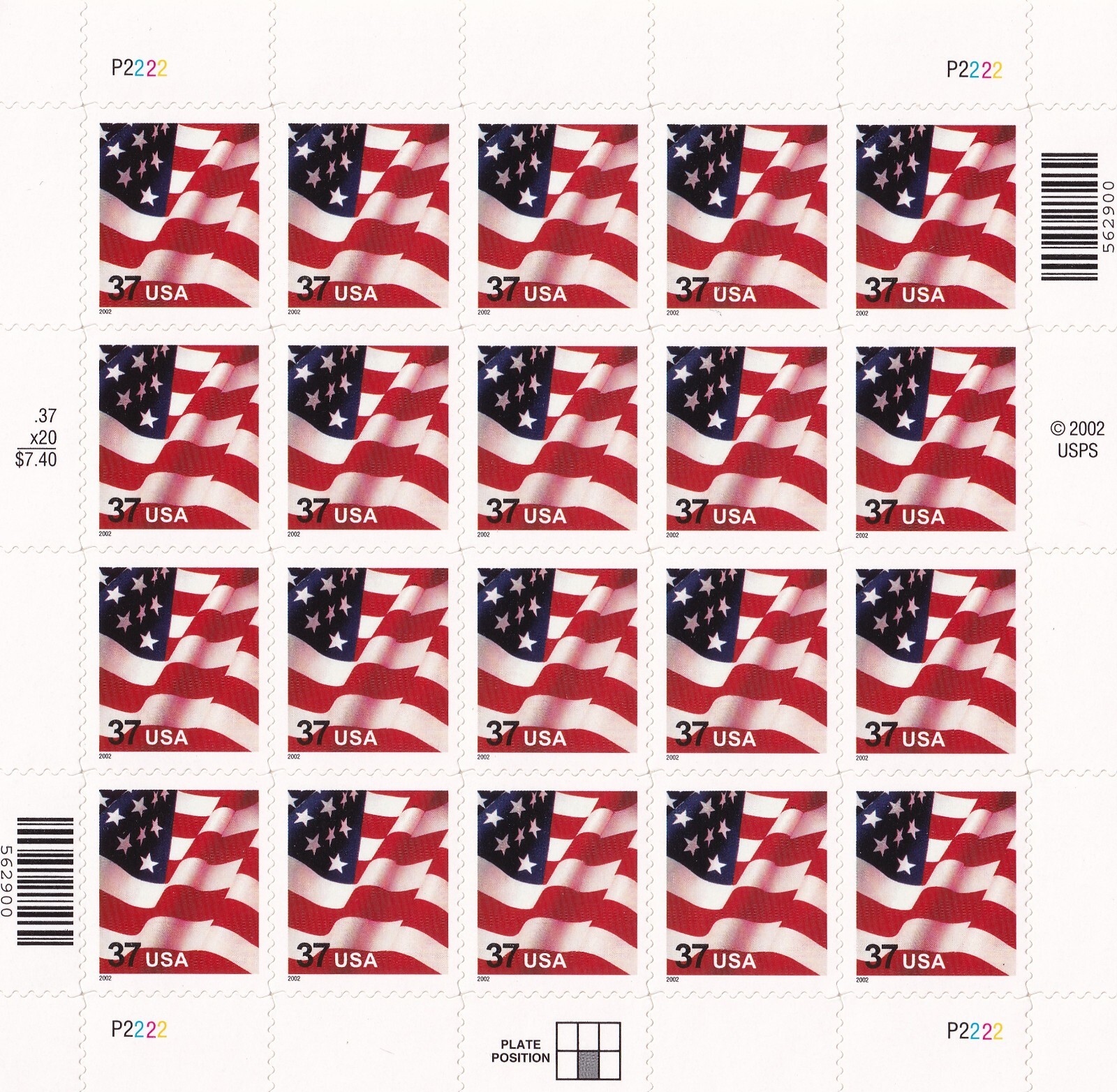 Scott #3630 US Flag Complete Sheet of 20 Stamps - MNH