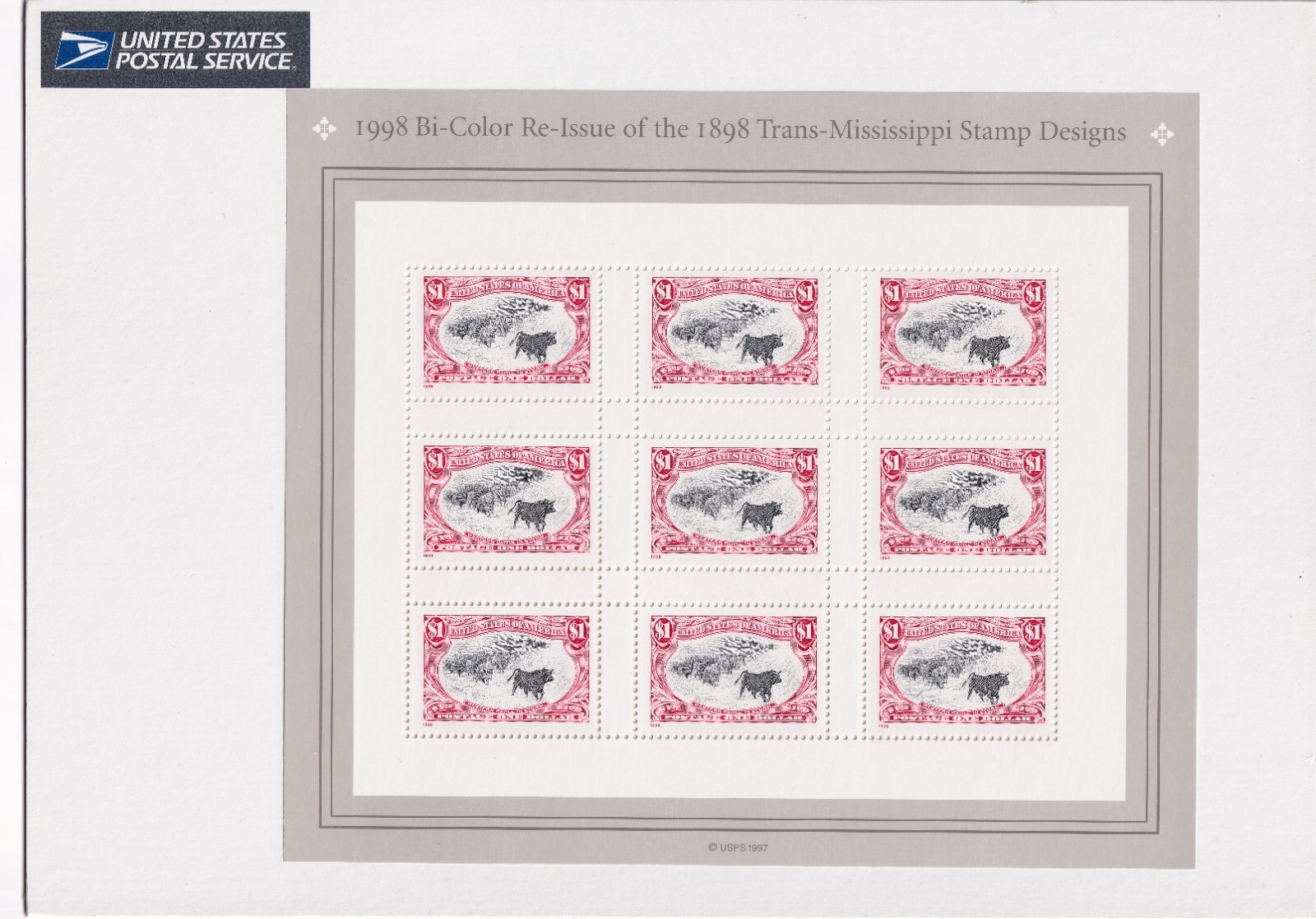 Scott #3210 Trans-Mississippi (Cattle in Storm) $1 Sheet of 9 Stamps - Sealed Wh