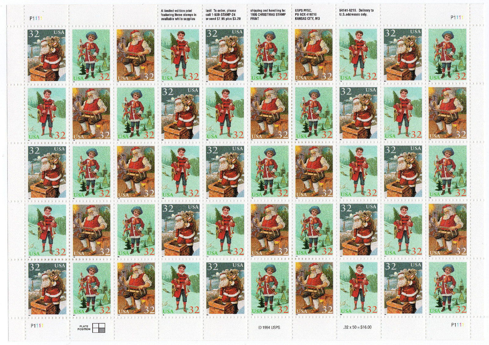Scott #3007a (3004-07) Santa & Boy Sheet Of 50 Stamps - MNH