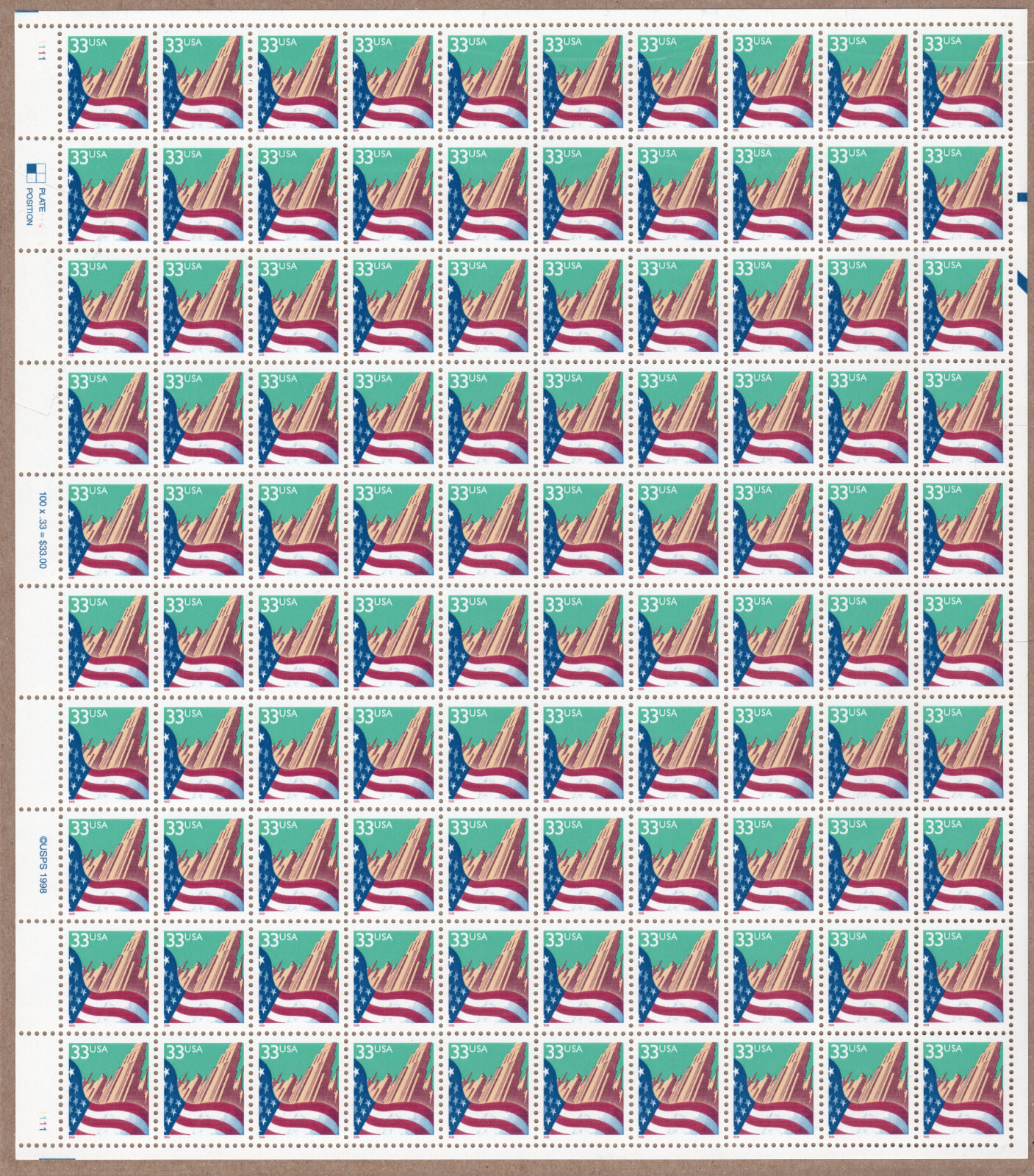 Scott #3277 Flag over City Sheet of 100 Stamps - MNH UL XF #1