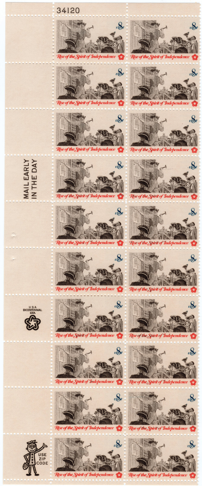 Scott #1477 Rise of the Spirit of Independence Plate Block of 20 Stamps - MNH