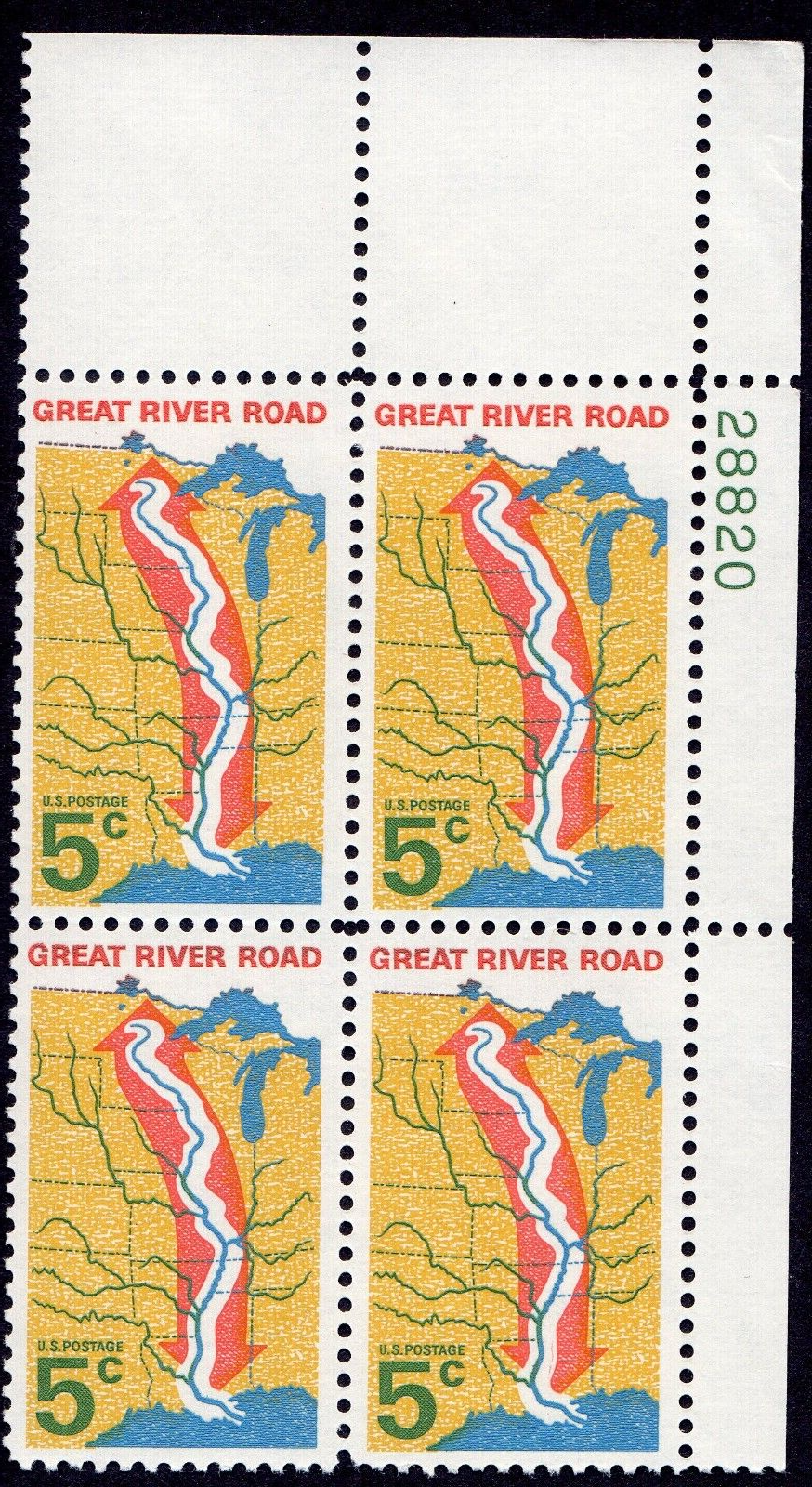 Scott #1319 Great River Road 5¢ Plate Block of 4 Stamps - MNH