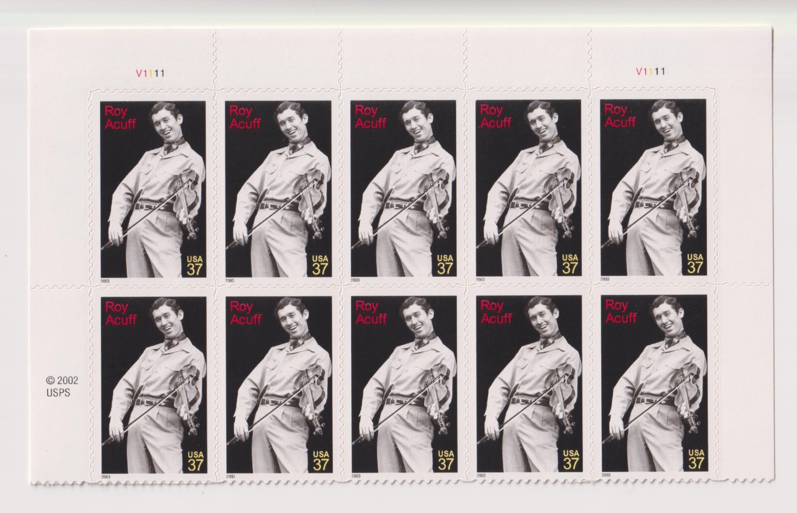 Scott #3812 Roy Acuff (Fiddle) Half Sheet of 10 Stamps - MNH Top