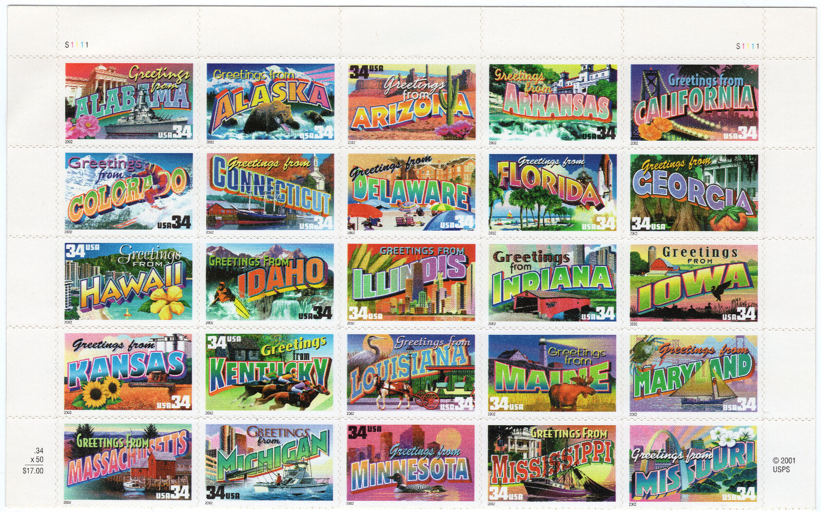 SCOTT #3561-3610 Greetings America Sheet of 50 Stamps - MNH Folded