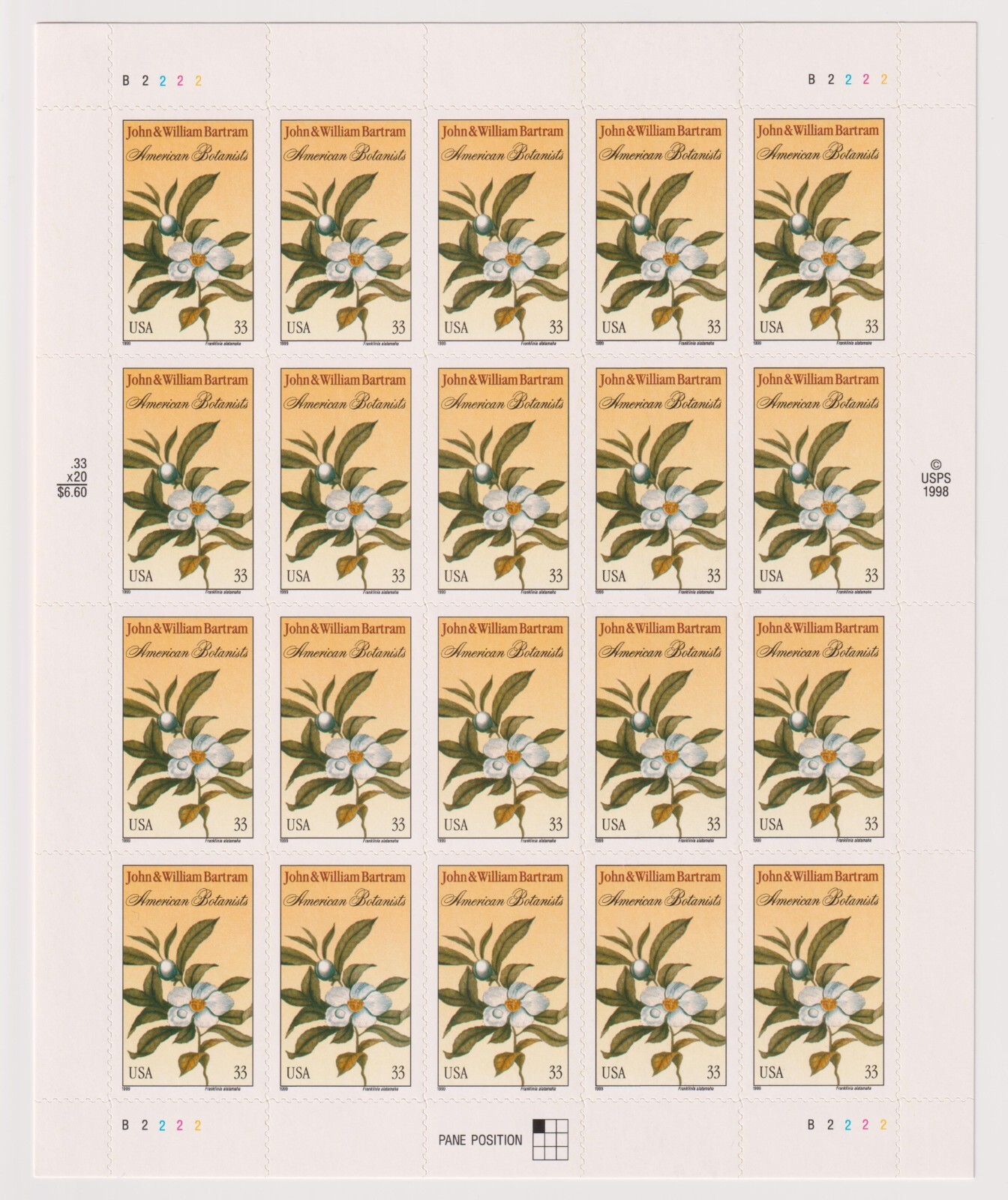 Scott #3314 John & William Bartram Botanists Sheet of 20 Stamps - MNH