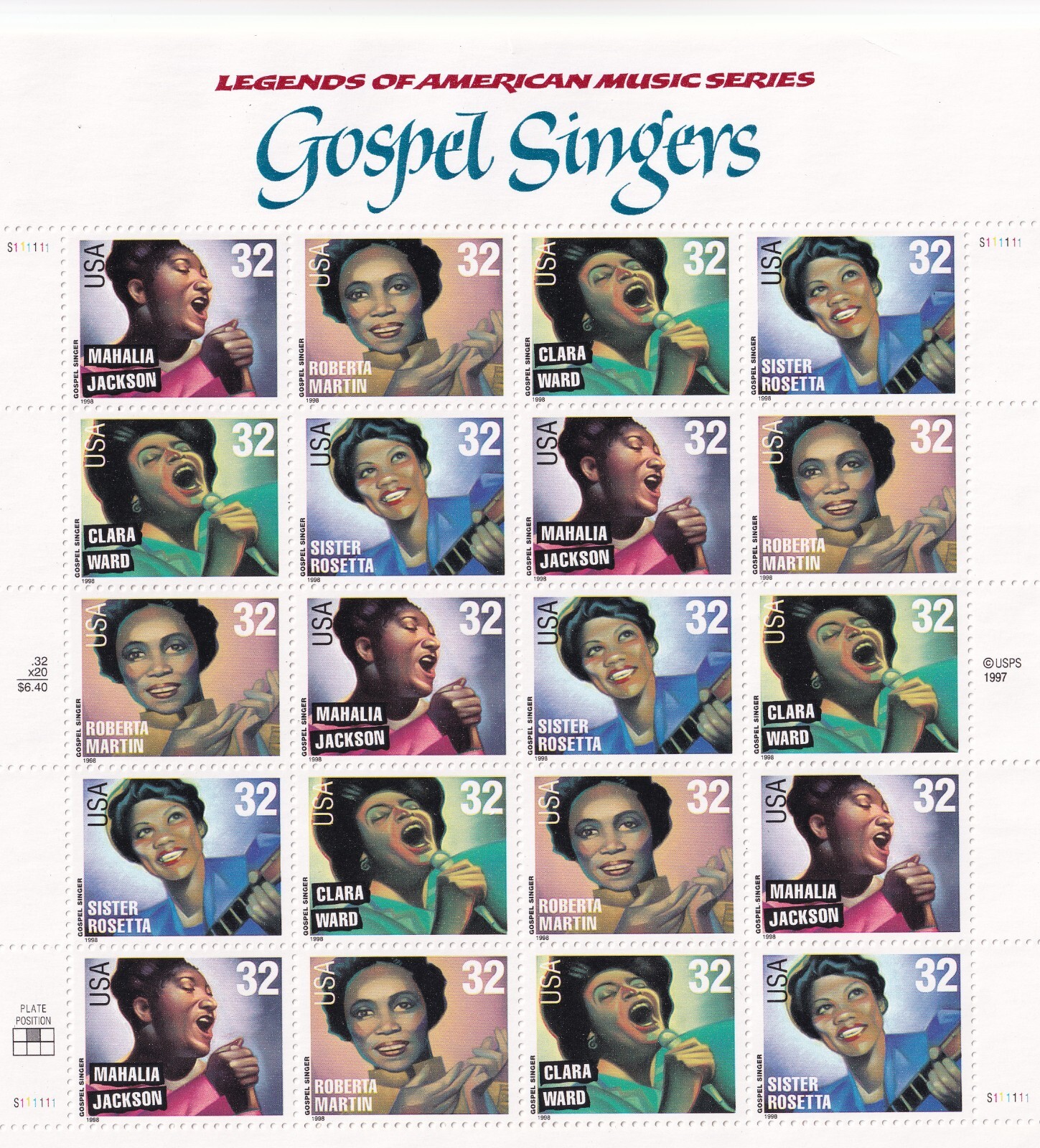 Scott #3219a (3216-19) Gospel Singers Sheet of 20 Stamps - MNH