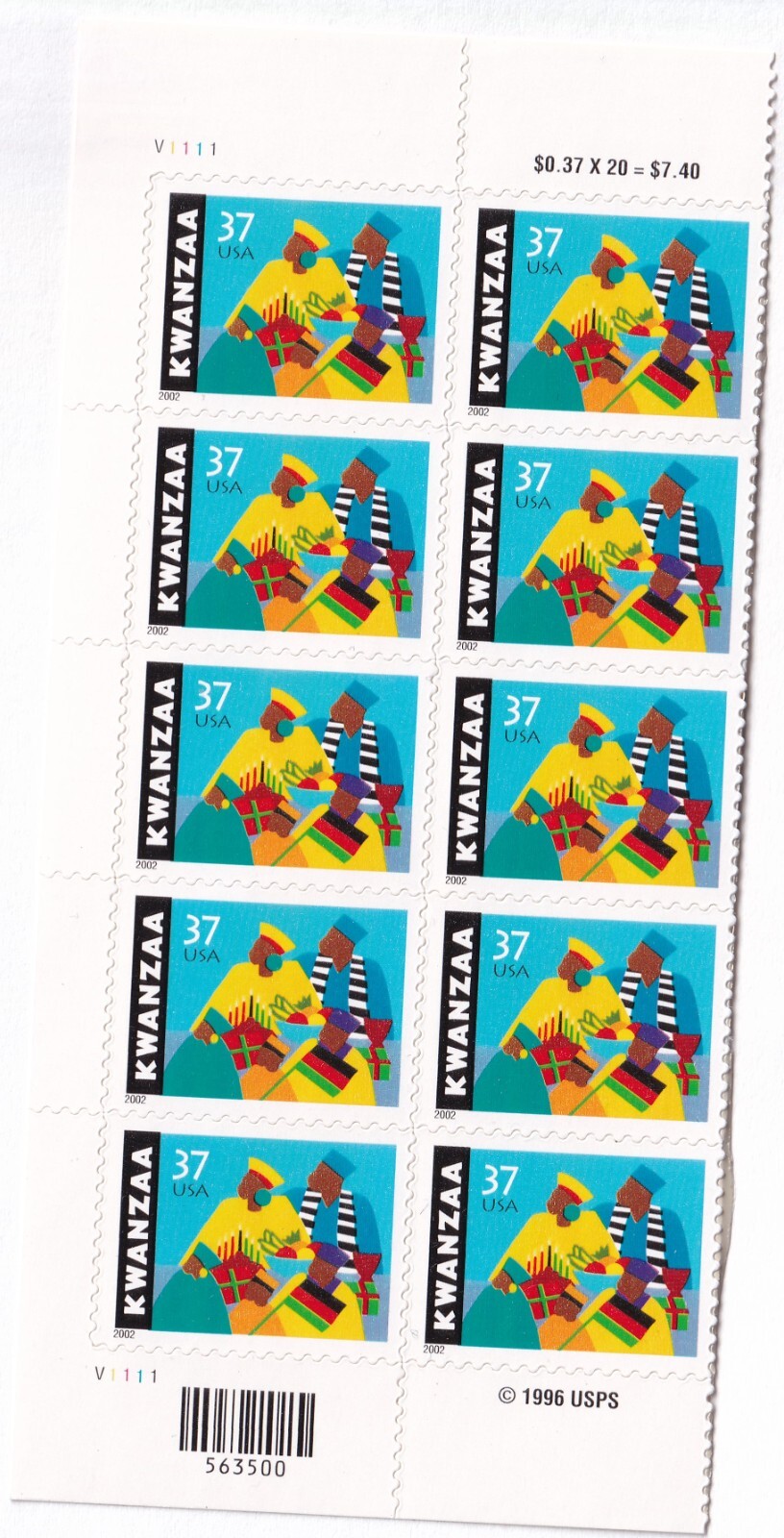 Scott #3673 Kwanzaa Plate Block of 10 Stamps - MNH Left