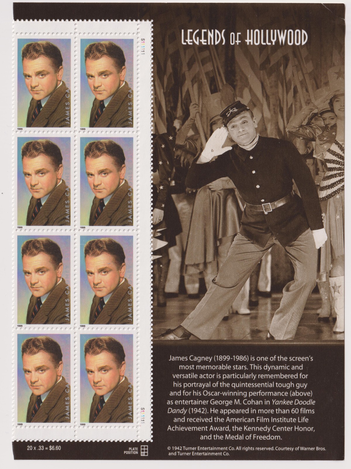 Scott #3329 James Cagney (Legends of Hollywood) Plate Block of 8 Stamps PC#2