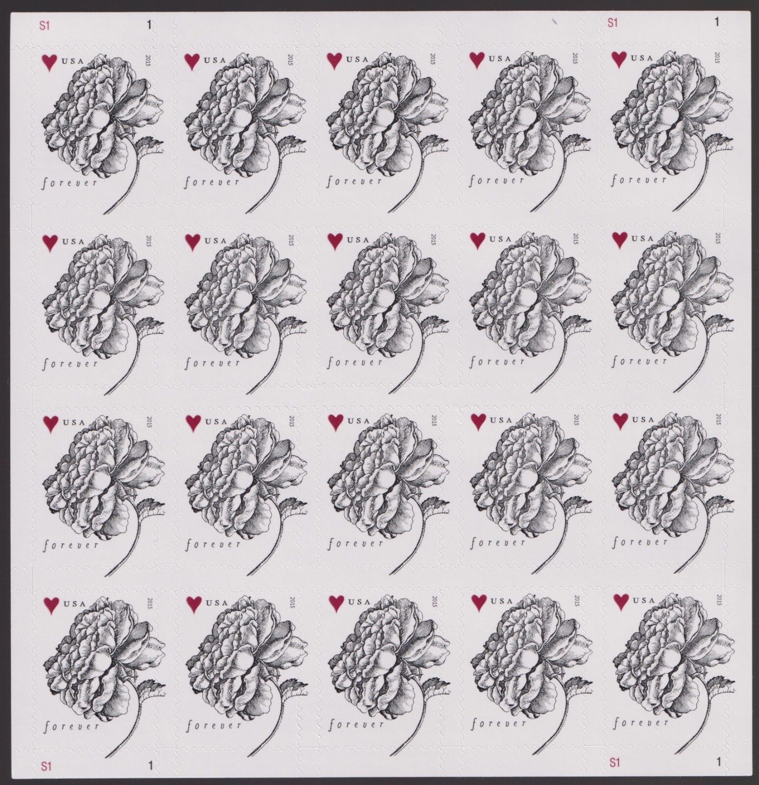 Scott #4959 Forever Rose & Heart Sheet of 20 Stamps - MNH