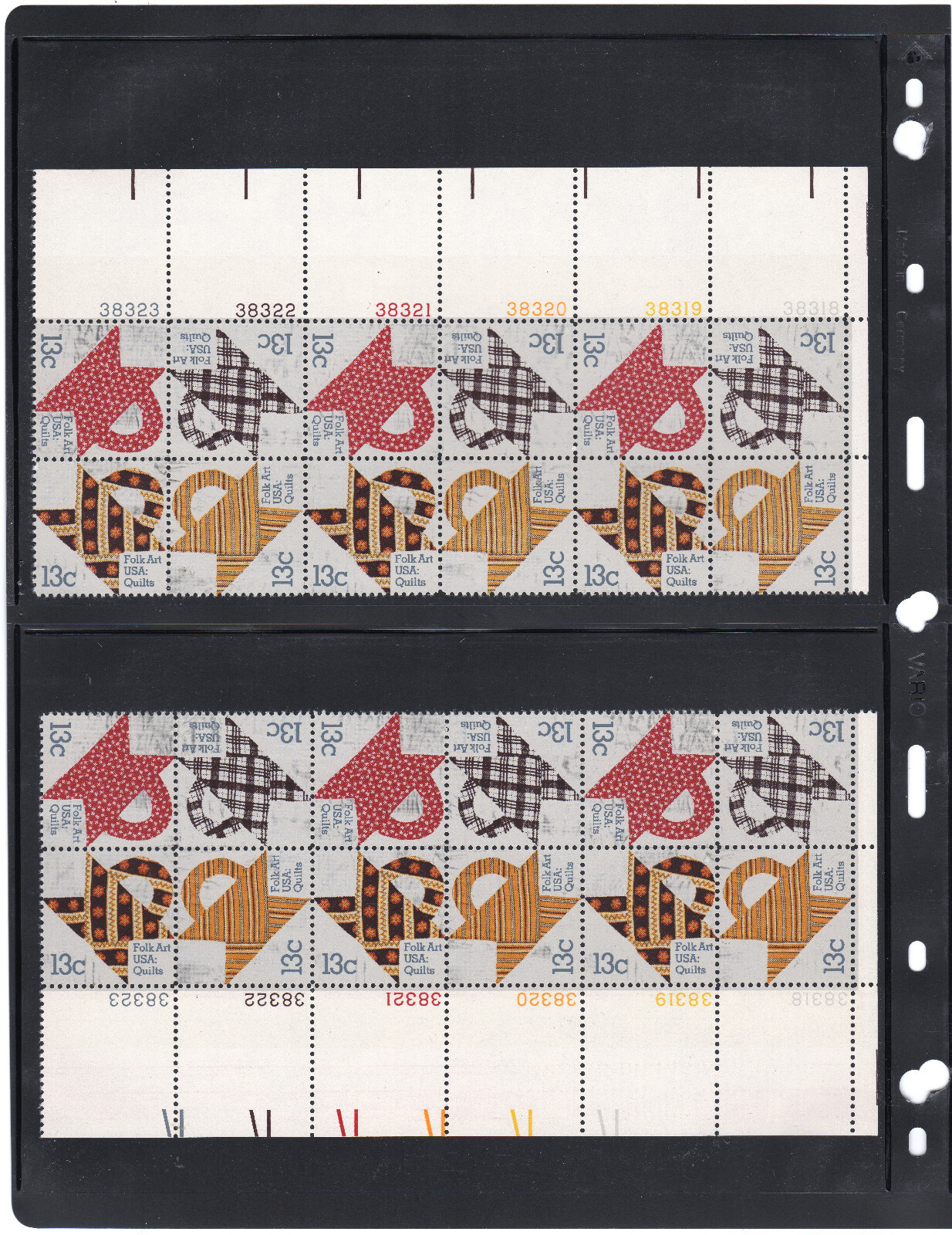 Scott #1748a Folk Art Quilts Matched Set Plate Blocks of 12 Stamps in Vario Page