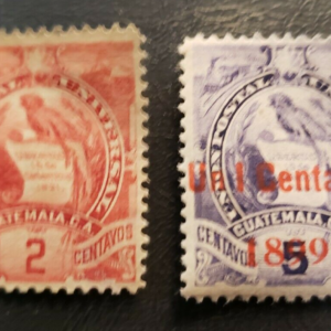 Stamp Guatamala "National Emblem" A13 #44 yellow brn ('87) & A15 #97 surcharge