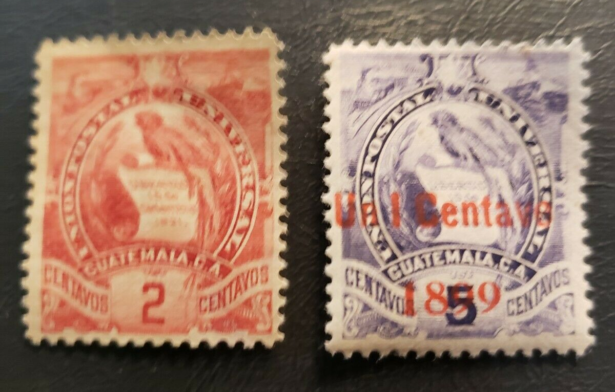 Stamp Guatamala "National Emblem" A13 #44 yellow brn ('87) & A15 #97 surcharge