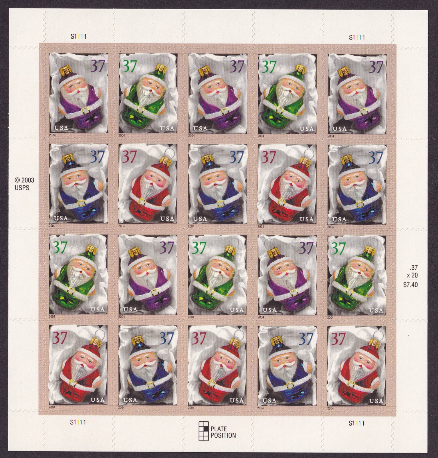 Scott #3886a Christmas Ornaments (Santa) Sheet Of 20 Stamps - MNH