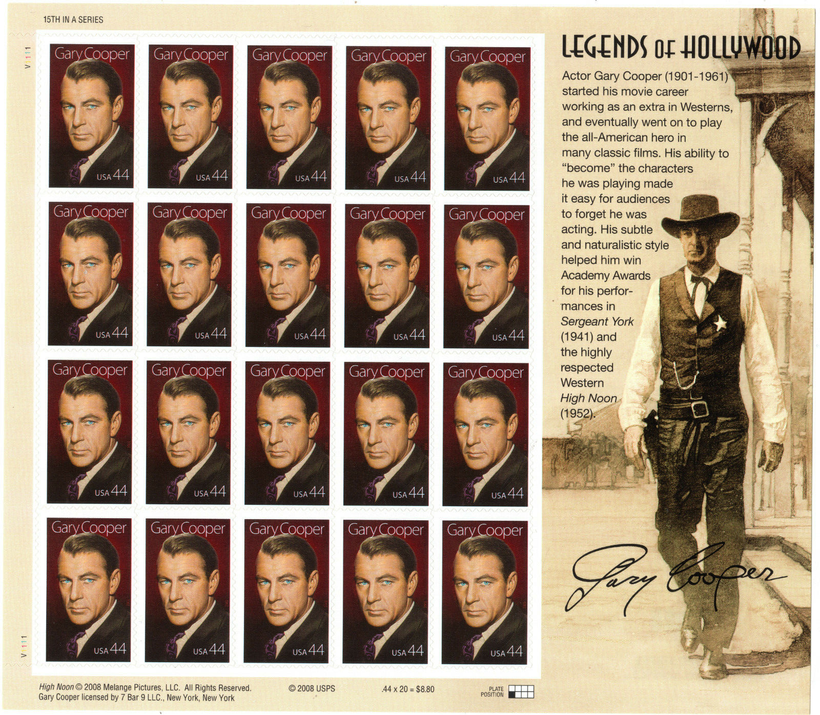 Scott #4421 Gary Cooper (Legends of Hollywood) Sheet OF 20 Stamps - MNH